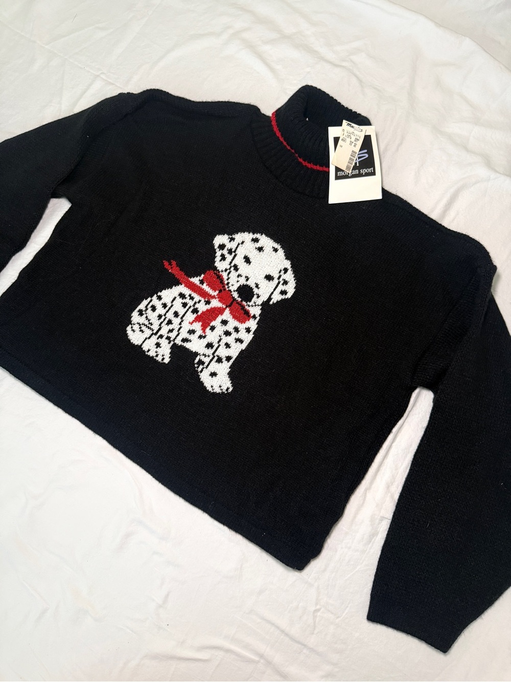 Vintage Deadstock Black Cowl Sweater with White Dalmatian and Red Bow